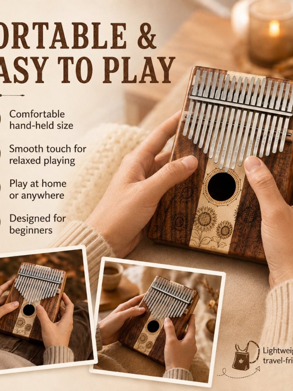 17 Key Wooden Kalimba Sunflower Design Thumb Piano Beginner Gift Case - Picture 7 of 10